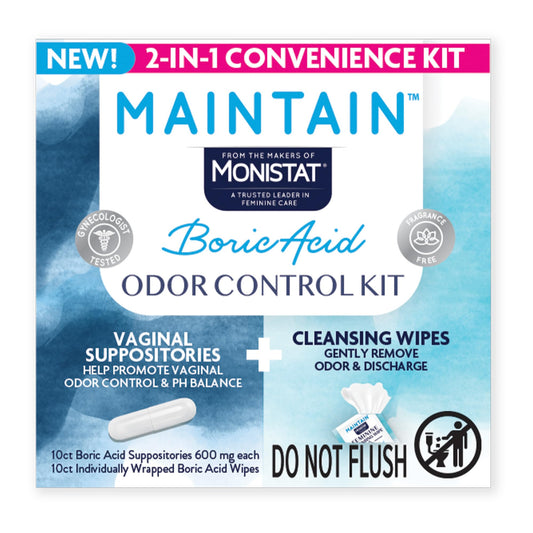 Monistat Maintain Boric Acid Odor Control Kit, 10 Feminine Wipes & 10 Boric Acid Suppositories for Women, Fragrance-Free and Non-Irritating pH Balanced Formulas to Control Vaginal Odor
