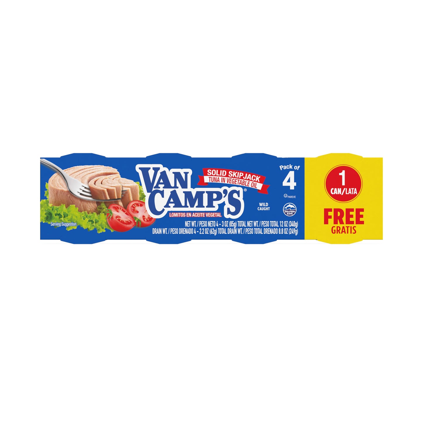 Van Camp's Seafood Solid Skipjack Tuna in Oil, 4-3 oz. Cans (Pack of 6), Wild Caught Canned Tuna