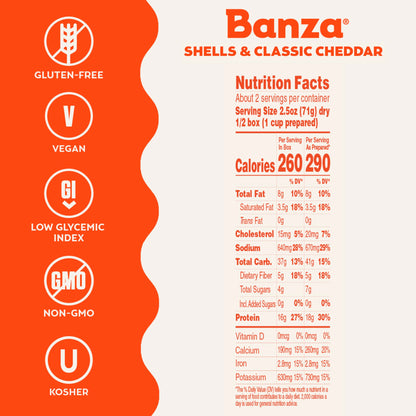 Banza Shells & Classic Cheddar Mac and Cheese - High Protein, Gluten Free, and Lower Carb Protein Mac and Cheese - 5.5oz