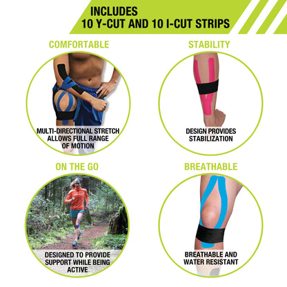 Pro-Tec Athletics Kinesiology Tape, Pre-Cut Strips for Muscle Tightness, Soft Tissue Support, Circulation, Reduced Fatigue