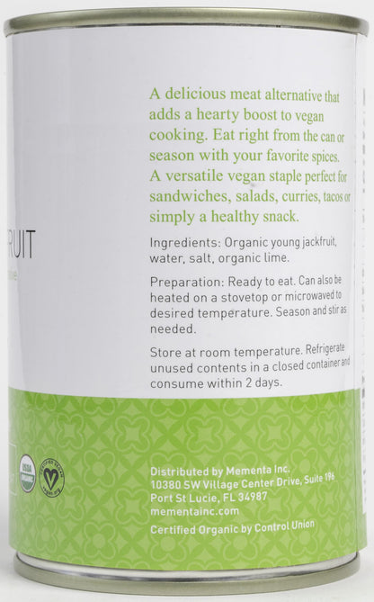 Mementa Inc Organic Young Jackfruit in Brine, 14.1 oz (Pack of 3) - Vegan Meat Alternative, Plant Based Meat, Jackfruit Canned Plain with Lime, Perfect for Healthy Vegan Dishes