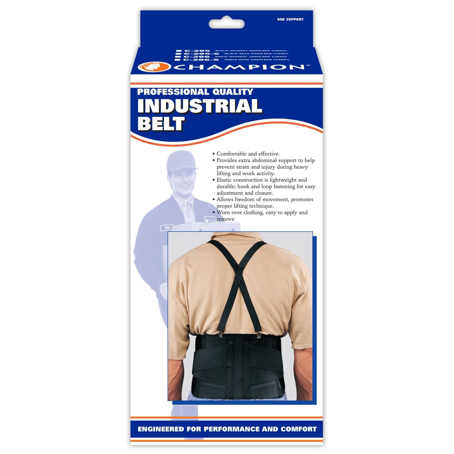 CHAMPION Industrial Belt Back Brace Abdominal Support Shoulder Straps, Black, X-Small