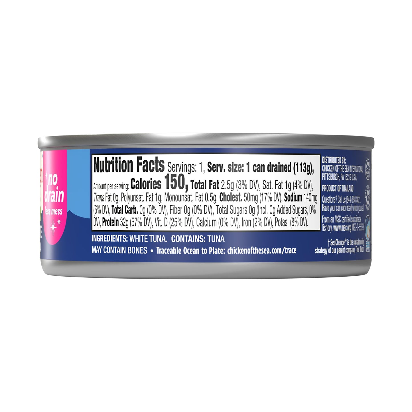 Chicken of the Sea Solid White Pure Albacore MSC Tuna, 4 oz. Cans (Pack of 24), Wild Caught Tuna, No Drain, Low Sodium