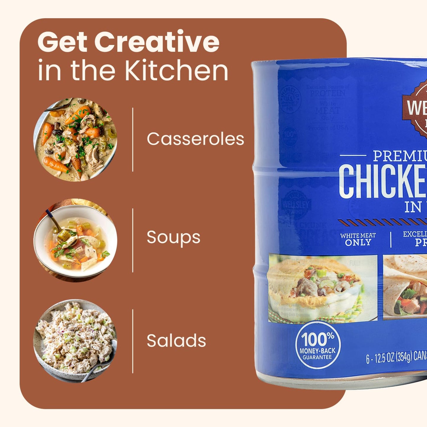 Wellsley Farms Premium Chunk Chicken Breast in Water, Fully Cooked Boneless Skinless, For Prepared Meals, Salads, Sandwiches & More, Canned, 12.5 oz Cans, 6-Pack
