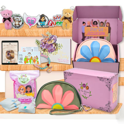 The Bloom First Period Kit for Girls 9-12 - 60 PC Period Starter Kit for Tweens - School Emergency Kit for Teen Girls with Cute Little Bags - First Period Gift Box (Green & Pink)