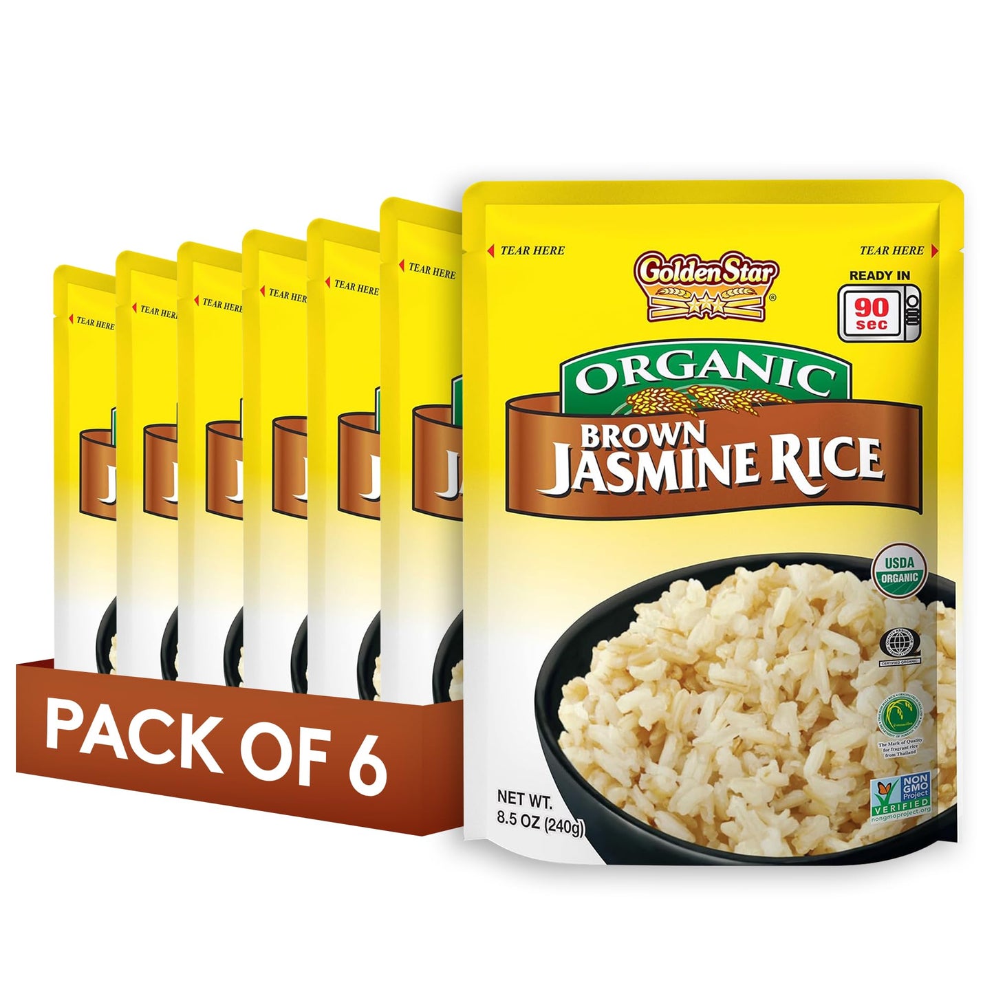 Golden Star Organic Thai Hom Mali Brown Jasmine Rice - Microwaveable Rice - (6 Pack) 8.5 oz Pouch