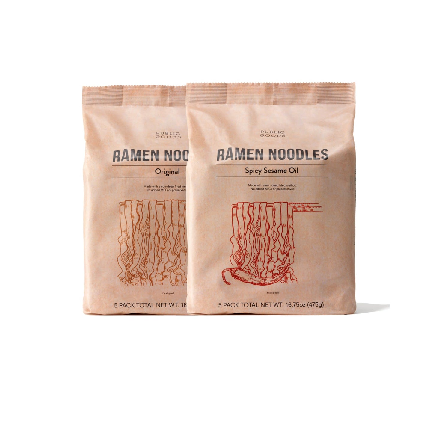 Public Goods Ramen Noodles | Brothless Vegan & Vegetarian Instant Ramen | Healthy, High Protein Asian Noodle | Preservative Free | No Added MSG | Original & Spicy Sesame Oil (10 Pack)