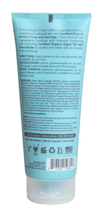 BCL Spa Critical Repair Cream with Organic Arnica Flower + Sea Kelp, intensely hydrating Argan Oil + Shea Butter to soothe + soften skin. 7 Fl Oz