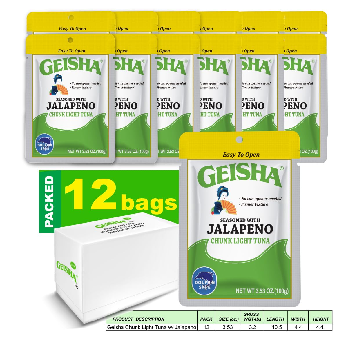 GEISHA Chunk Light Tuna Seasoned with Jalapeno 3.53oz (Pack of 12), Tuna| HALAL & Kosher Certified – Gluten Free – Wild Caught – Dolphin Safe Catch – Good Source of Protein