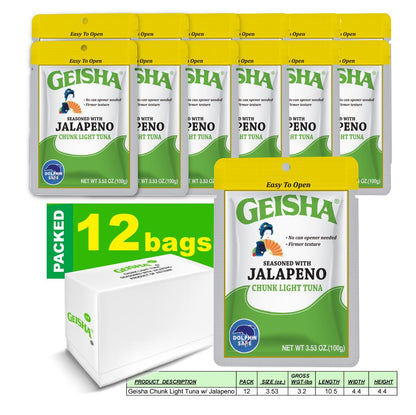 GEISHA Chunk Light Tuna Seasoned with Jalapeno 3.53oz (Pack of 12), Tuna| HALAL & Kosher Certified – Gluten Free – Wild Caught – Dolphin Safe Catch – Good Source of Protein