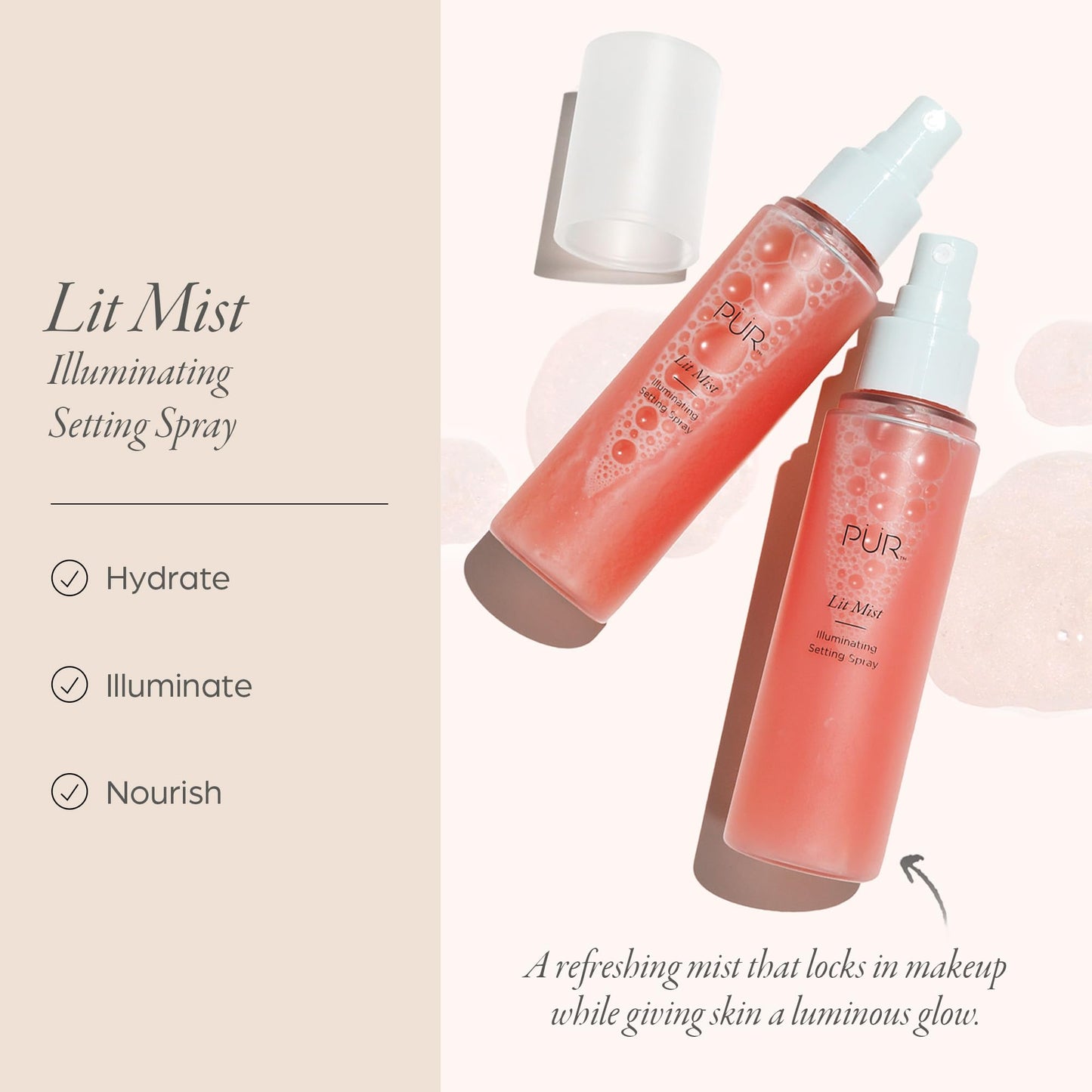 PÜR MINERALS Lit Mist Illuminating Setting for Face - Long-Lasting Makeup Finishing - Lightweight Makeup Primer & Hydrating Setting Revitalizes Dull & Tired Skin, Light, Dewy Shimmer