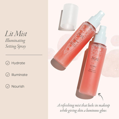 PÜR MINERALS Lit Mist Illuminating Setting for Face - Long-Lasting Makeup Finishing - Lightweight Makeup Primer & Hydrating Setting Revitalizes Dull & Tired Skin, Light, Dewy Shimmer