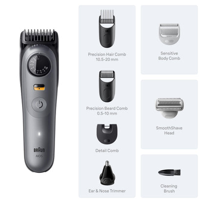 Braun Series 5 All-in-One Beard & Body Grooming Kit for Men, Cordless Trimmer, Hair Clippers & Shaver for Face, Hair & Body with Smooth Shave Head, AIO 5510