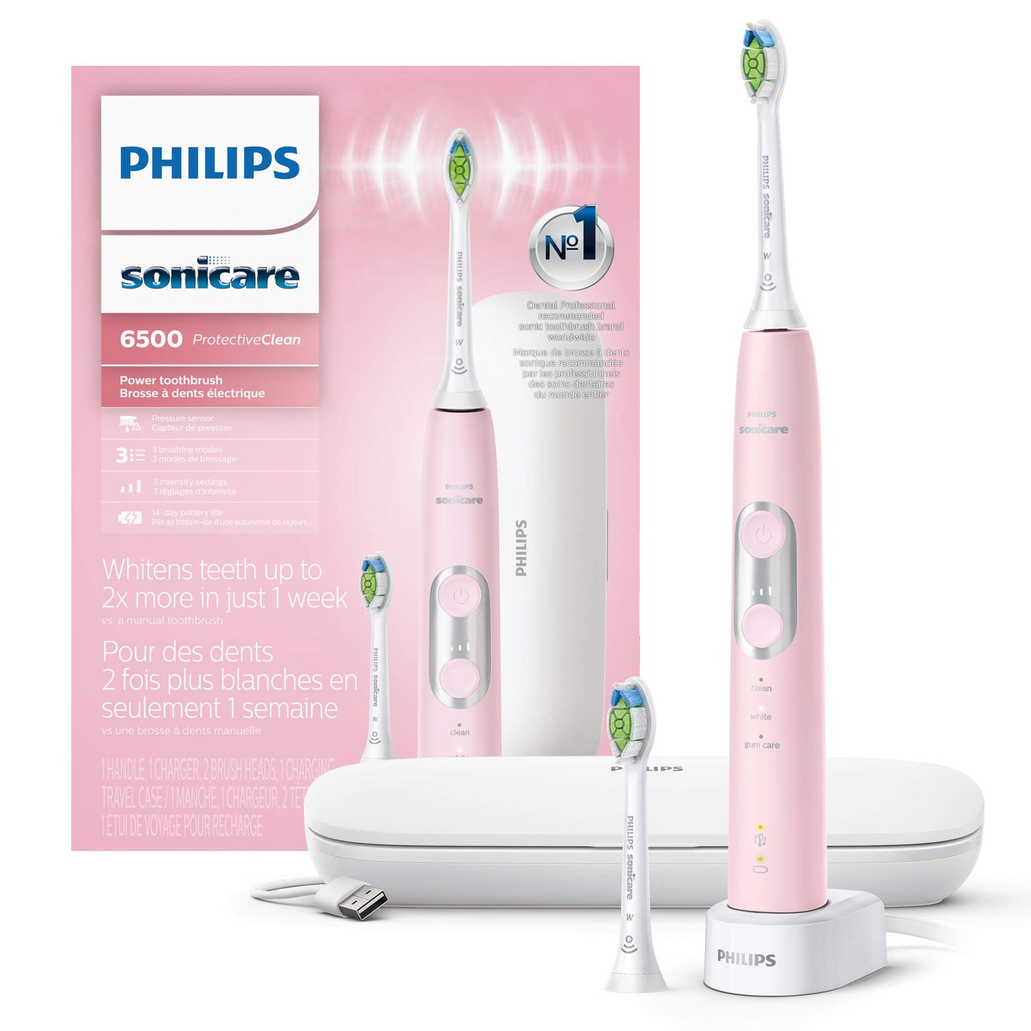 Philips Sonicare ProtectiveClean 6500 Rechargeable Electric Toothbrush, with Pressure Sensor, 3 Cleaning Modes, SmarTimer and QuadPacer, 14-Day Battery Life, Charging Travel Case, Pink, HX6462/06