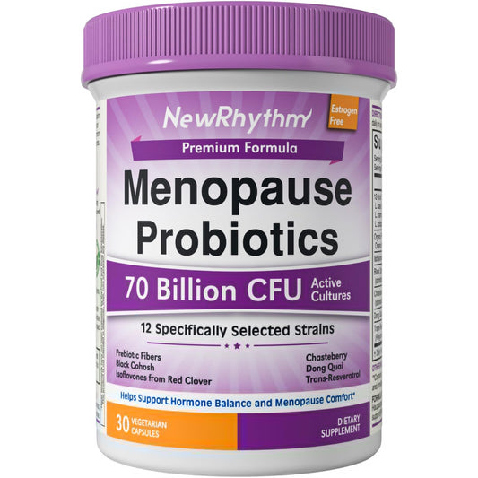 NewRhythm Menopause Probiotics for Women, 7-in-1 Relief, Prebiotics, Black Cohosh Trans-Resveratrol Chasteberry Red Clover Dong Quai, Hot Flashes Night Sweats, No Soy, No Estrogen, 30 Ct