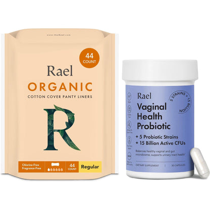 Rael Bundle - Organic Cotton Cover Panty Liners (Regular, 44 Count) & Probiotics Supplements for Women, Digestive Enzymes, Urinary Tract Health (30 Day Supply)