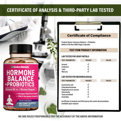 Hormone Balance + Probiotics for Women- Natural Menopause Relief, Weight Management, Bloating, Hot Flashes, PMS | Organic Maca, Chasteberry, Dong Quai & Black Cohosh | Non GMO |120 V Capsules