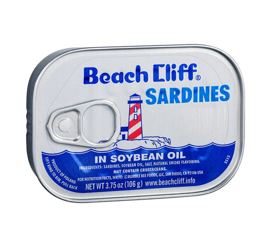 BEACH CLIFF Sardines in Soybean Oil, High Protein Food, Keto Food and Snacks, Gluten Free Food, High Protein Snacks, Canned Food, Bulk Sardines in Oil, 3.75 Ounce Cans (Pack of 12) Packaging May Vary