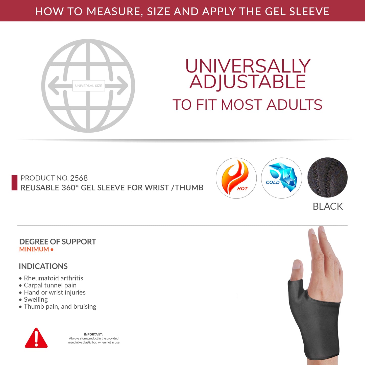 OTC Reusable 360 Degree Gel Sleeve for Wrists, Hot or Cold Compression for Hand Pain Relief, Black, Universal