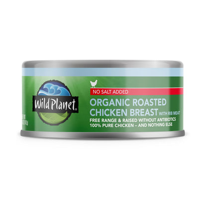 Wild Planet Organic Roasted Chicken Breast with Rib Meat, Skinless and Boneless, No Salt Added, 5 Ounce (Pack of 12), Packaging May Vary
