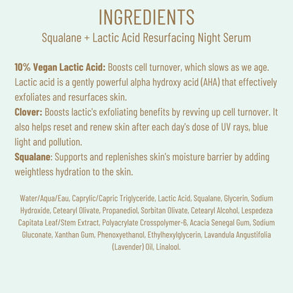 Biossance Squalane + Lactic Acid Resurfacing Night Serum - Vegan 10% Lactic Acid Face Serum for Skin Texture and Fine Lines - Gentle Night Exfoliant, Hydrating - Pore Reducer for Face, 1.0 Ounce