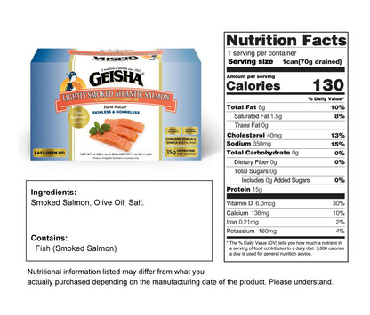 GEISHA Lightly Smoked Atlantic Salmon(Skinless & Boneless) in Extra Virgin Olive Oil 4.00 OZ. (Pack of 12), Farm Raised Chilean Atlantic Salmon | No Trans fat － NON-GMO － BPA NI－Excellent Source of Protein－Ready to Eat －Rich in Vitamin D – Extra...