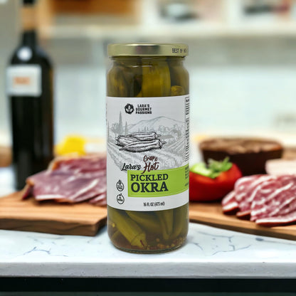 Lara's Crisp and Hot Pickled Okra – (Pack of 1, 16 fl oz) – Zesty Southern Style Spicy Okra, Ideal for Charcuterie Boards, Gourmet Snacks, and Cocktails – Gluten-Free, All-Natural, Vegan-Friendly