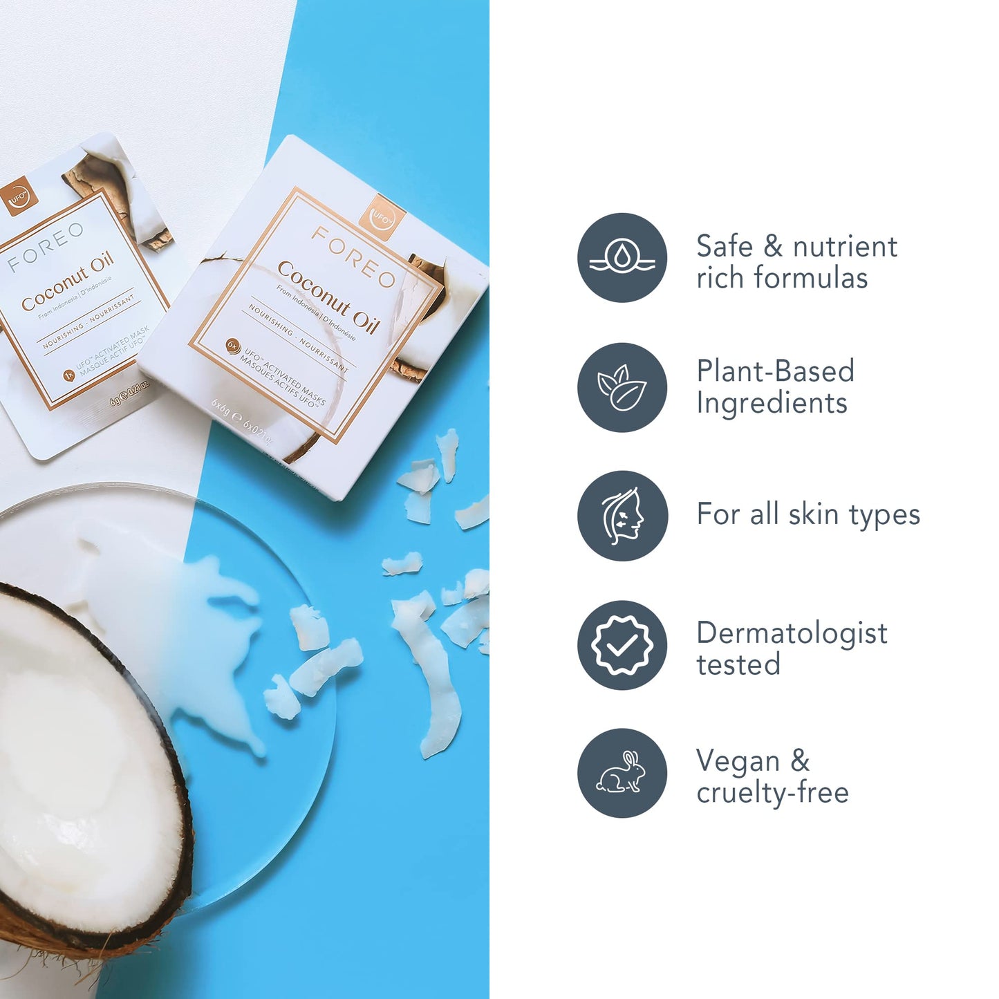 FOREO Coconut Oil Dual UFO Activated Facial Mask for Dehydrated Skin, 6 pack, Nourishing & Hydrating, Coconut Oil & Coconut Water, Cruelty-Free, Clean Formula, Compatible with all UFO devices
