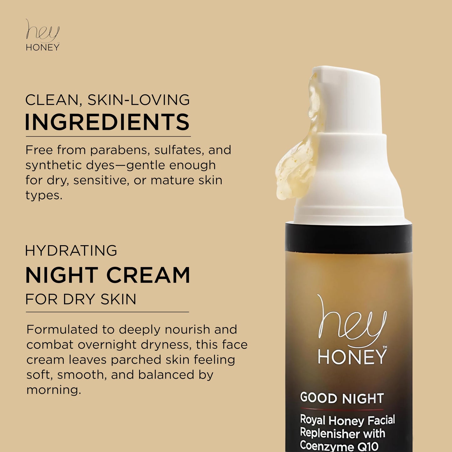Hey Honey Skincare Good Night Moisturizer For Face Royal Honey Facial Replenisher with Coenzyme Q10 | A Lavish Night Time Repair Designed To Improve Moisture Retention | 1 Oz