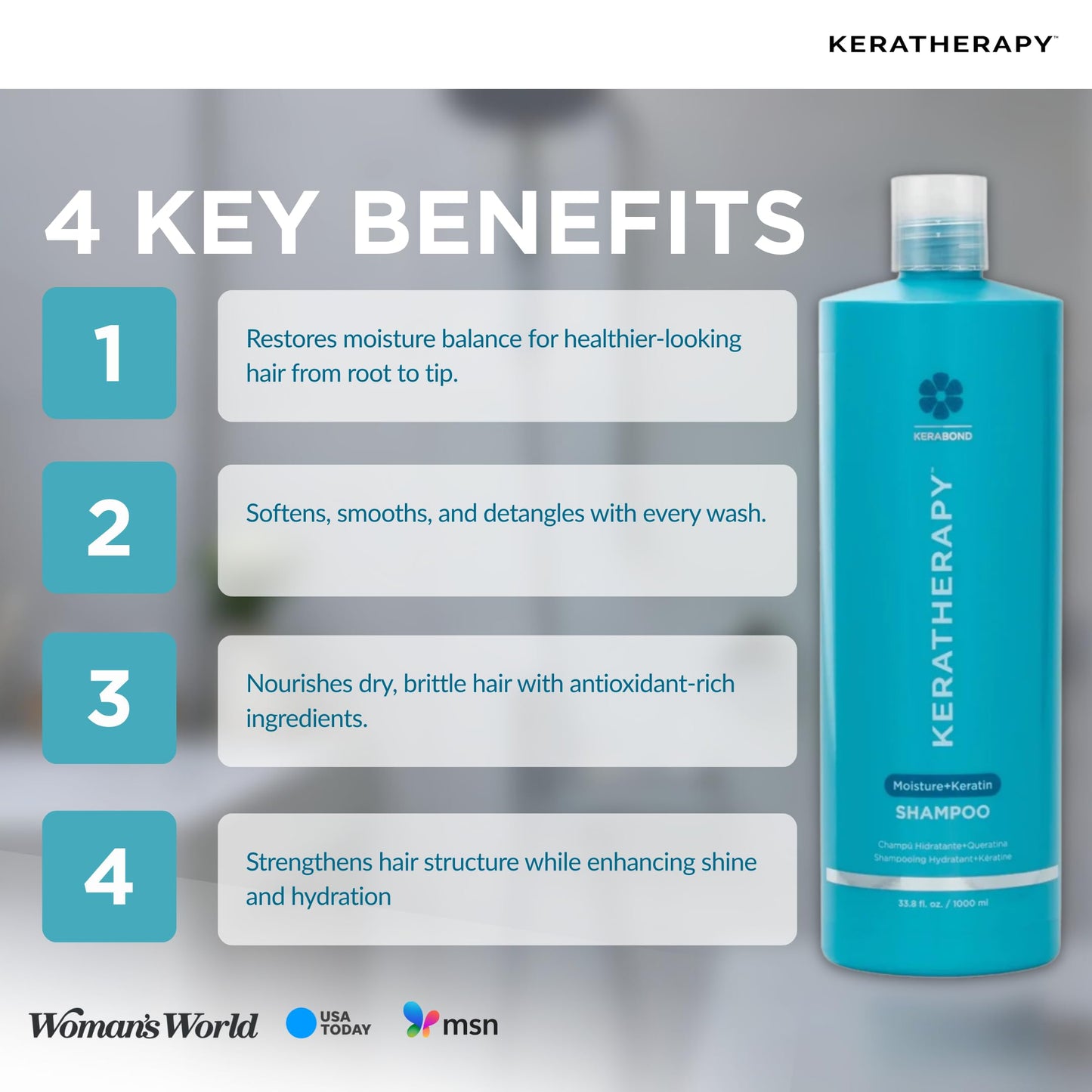 KERATHERAPY Keratin Infused Moisture Shampoo, 33.8 fl. oz., 1000 ml - Anti Frizz Moisture Shampoo for Oily Scalp and Dry Ends - Kerabond Technology, Aloe Vera, & Willow Bark - Sulfate & Paraben Free