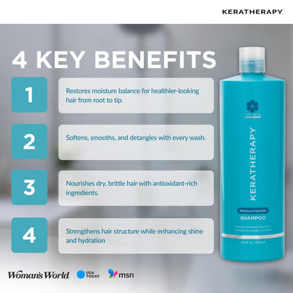 KERATHERAPY Keratin Infused Moisture Shampoo, 33.8 fl. oz., 1000 ml - Anti Frizz Moisture Shampoo for Oily Scalp and Dry Ends - Kerabond Technology, Aloe Vera, & Willow Bark - Sulfate & Paraben Free