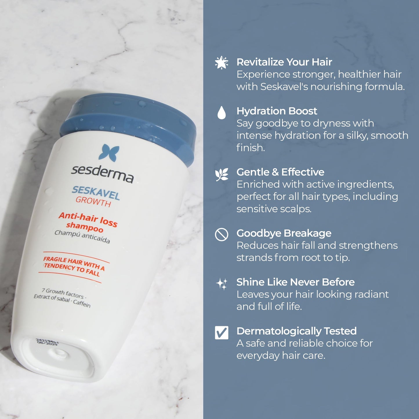 Sesderma SESKAVEL Anti-hair loss shampoo 8.45 fl. Oz | Formula with Growth Factors | Hair Treatment with Extract of Sabal & Caffeine | Fragile Hair