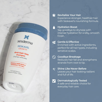 Sesderma SESKAVEL Anti-hair loss shampoo 8.45 fl. Oz | Formula with Growth Factors | Hair Treatment with Extract of Sabal & Caffeine | Fragile Hair