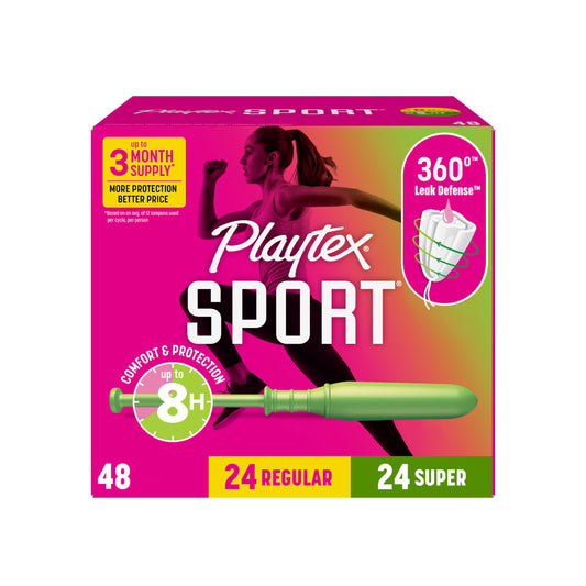 Playtex Sport Tampons Multipack (24ct Regular/24ct Super), Fragrance-Free - 48ct | Tampons Regular and Super, Playtex Tampon Multipack, Feminine Care with 360 Leak Defense