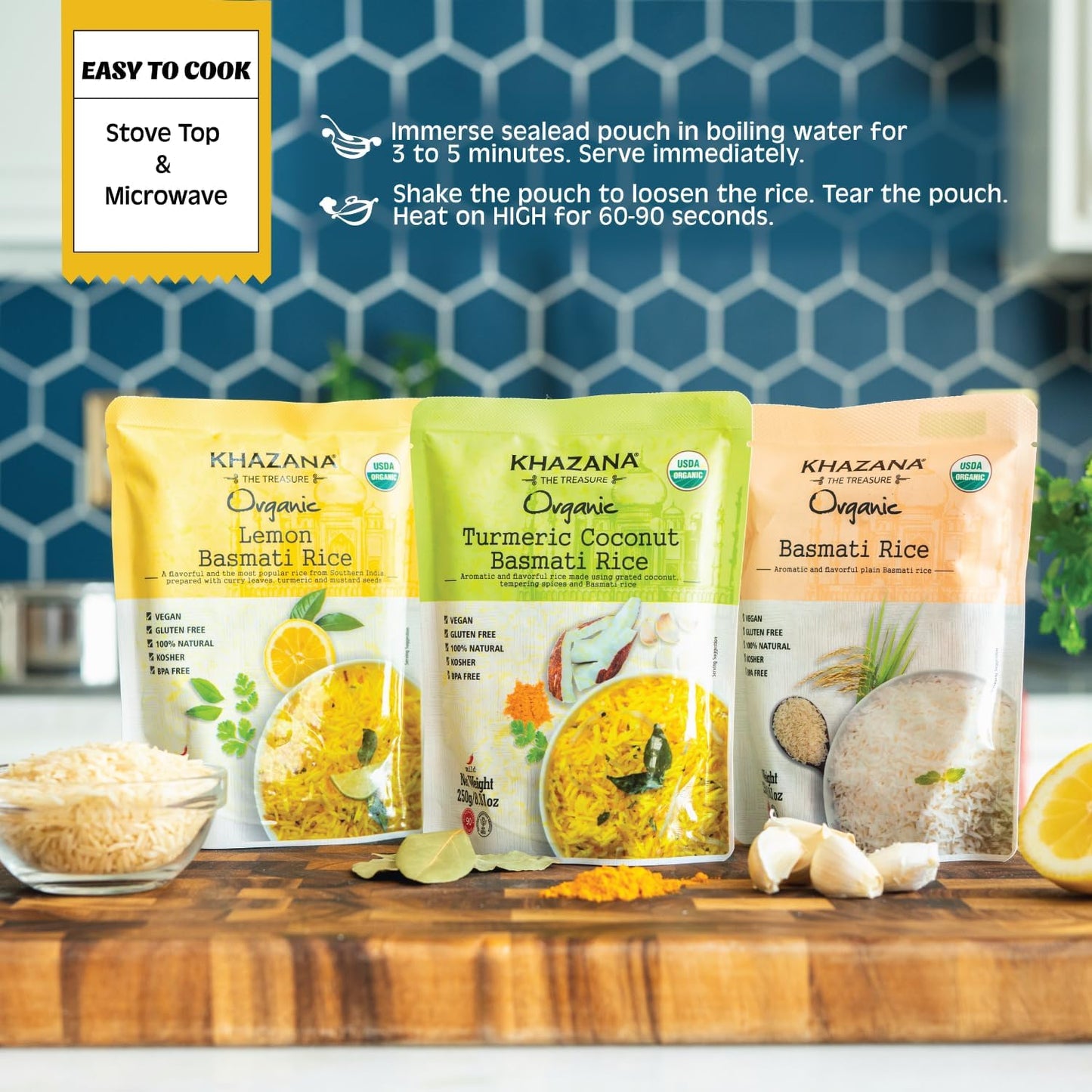Khazana Authentic Lemon Ready To Heat Basmati Rice (Pack of 6, 8.8oz) | Non-GMO, Vegan, Gluten Free & Kosher | Aromatic & Flavorful Organic Grain From India | Microwavable Instant Rice in 90 Seconds!