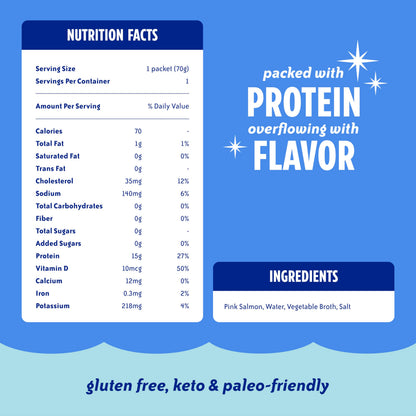 Chicken of the Sea Alaskan Pink Salmon in Water with 25% Less Sodium, 2.5 Ounce Salmon Packet, 6-Count – High Protein Skinless, Boneless Wild Caught Salmon – Easy, Nutritious Ready to Eat Meals.
