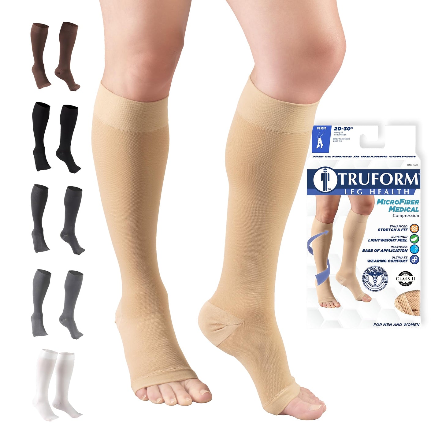 Truform 20-30 mmHg Compression Stockings for Men and Women, Knee High Length, Open Toe, Beige, Medium (1 Pair)