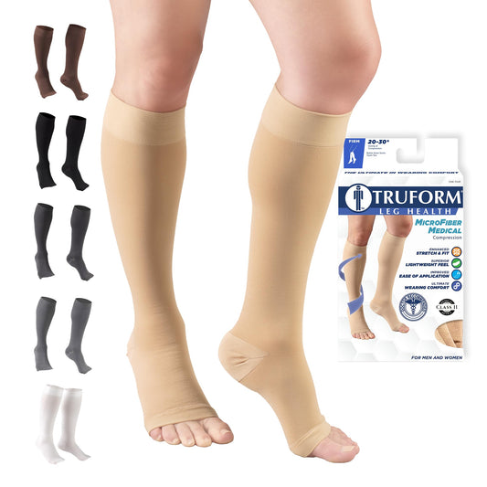 Truform 20-30 mmHg Compression Stockings for Men and Women, Knee High Length, Open Toe, Beige, Medium (1 Pair)