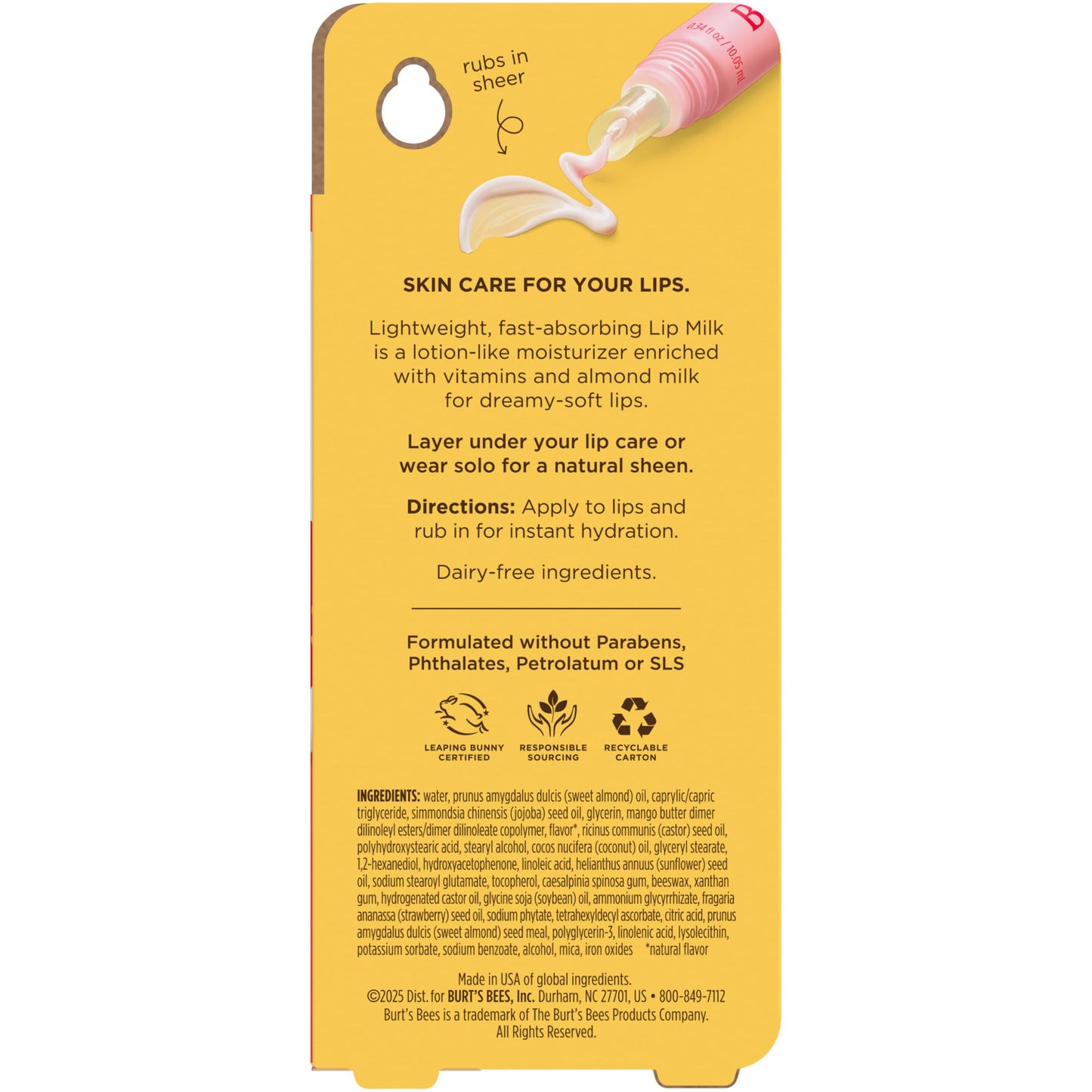 Burt’s Bees Lip Milk, Daily Lip Moisturizer, Sweet Strawberry, Vitamin Enriched Moisturizing Lip Balm with Almond Milk and Jojoba Oil, Hydrating for Softer Lips, 1 Tube, 0.34 Fl Oz