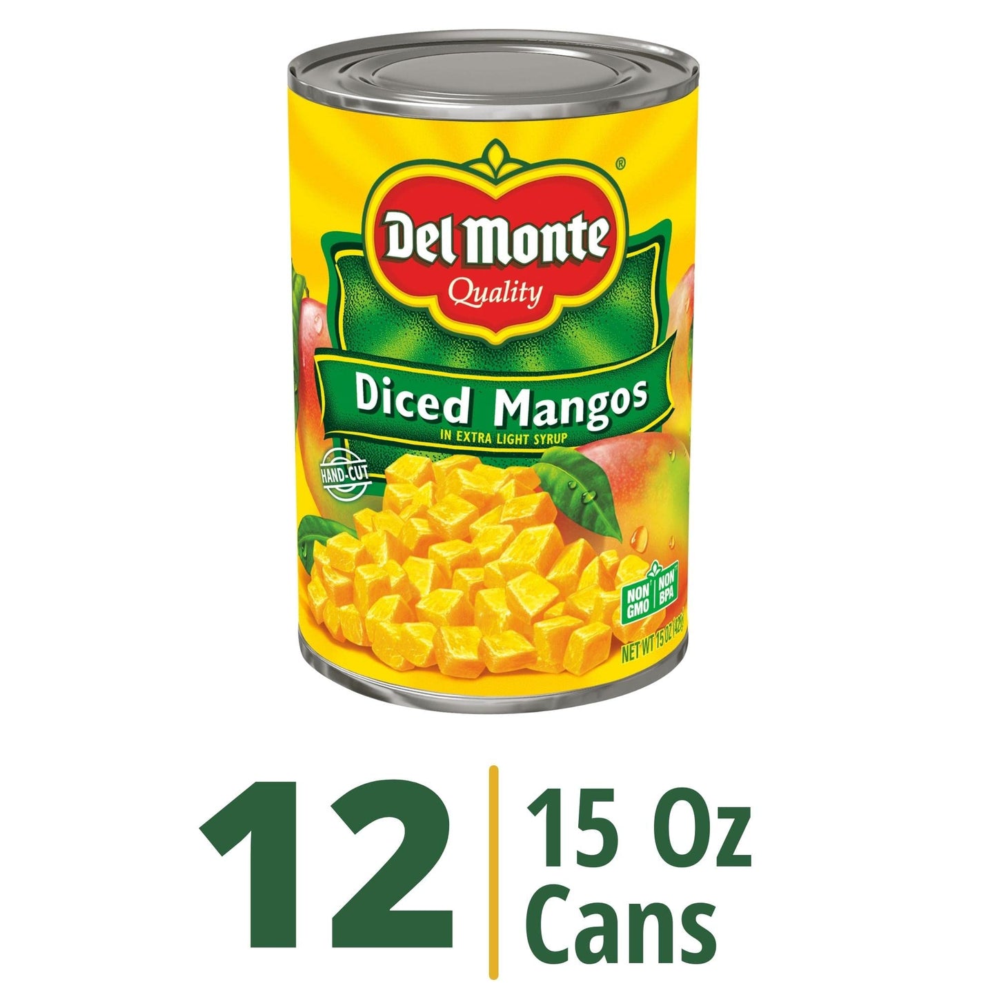 Del Monte Diced Mango in Extra Light Syrup, Canned Fruit, 12 Pack, 15 oz Can, Yellow