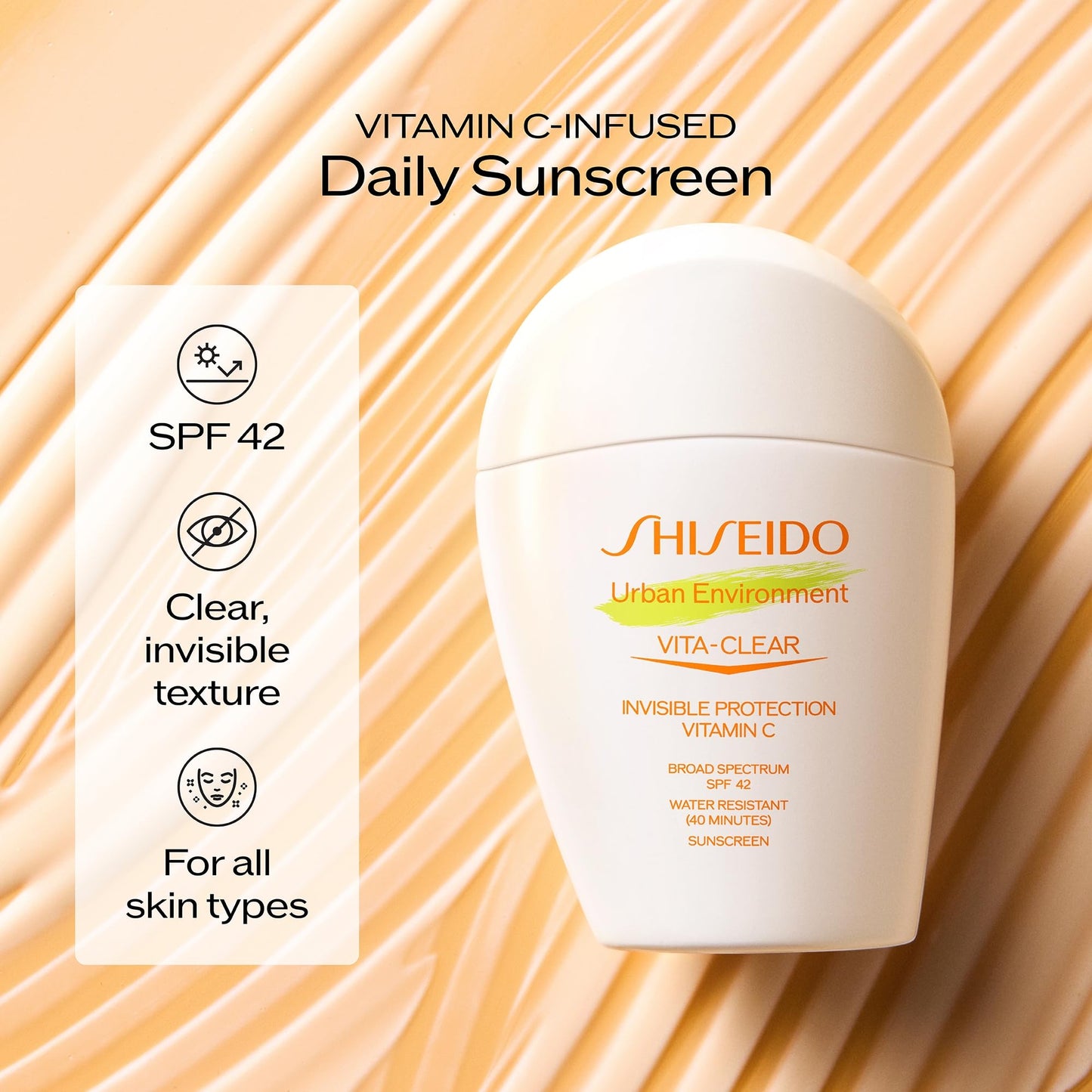 Shiseido Urban Environment Vita-Clear Sunscreen SPF 42 - Invisible Formula with Vitamin C - No-Shine, Makeup Effect for 8 Hours - Non-Comedogenic - 30 mL