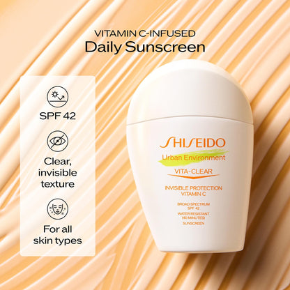 Shiseido Urban Environment Vita-Clear Sunscreen SPF 42 - Invisible Formula with Vitamin C - No-Shine, Makeup Effect for 8 Hours - Non-Comedogenic - 30 mL
