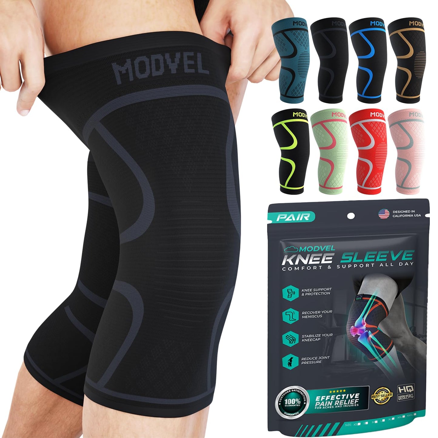 Modvel Knee Braces for Knee Pain Women & Men - 2 Pack Knee Brace for Knee Pain Set, Knee Brace Compression Sleeve, Knee Support for Knee Pain Meniscus Tear, ACL & Arthritis Pain Relief,Black XXXL