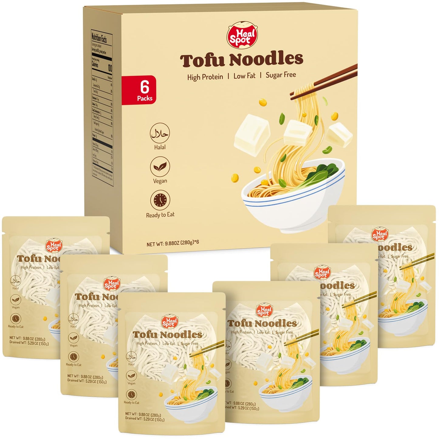 HealSpot Tofu Noodles, High protein ramen, Sugar free Pasta, Low Carb, Low Fat, Non GMO, Keto and Plant Based Friendly Instant Ramen, Ready to Eat Meals, Made with Pure Soy Milk(6 packs)