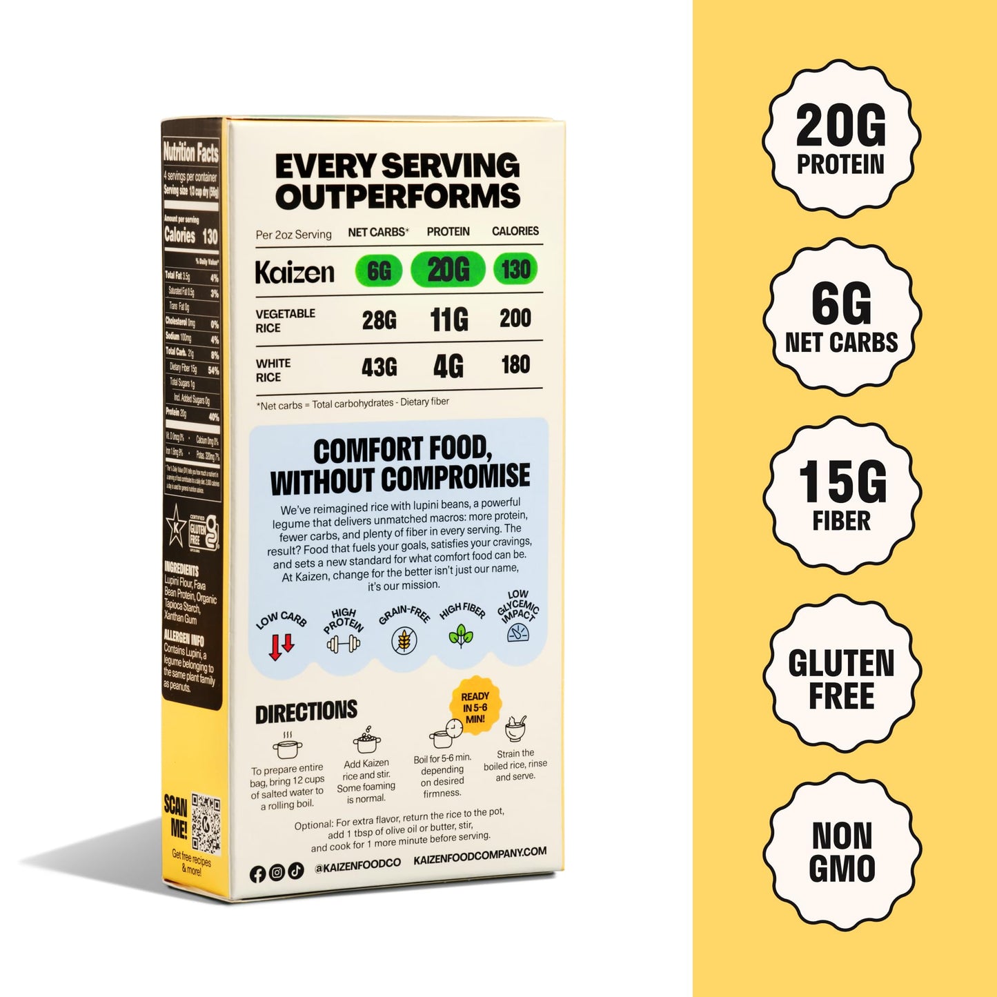 Kaizen Low Carb Keto Rice - Gluten-Free, High Protein (20g), Keto Friendly, Plant Based, Made with High Fiber Lupin Flour - 8 ounces (Pack of 3)