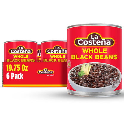 La Costeña Whole Black Beans - Ready-to-Eat Canned Black Beans for Mexican Food, Vegetarian Chili Ingredients, Frijoles Negros, Hummus, Dips, Burgers & Burritos - 19.75 oz, 6 Pack Bulk Canned Food