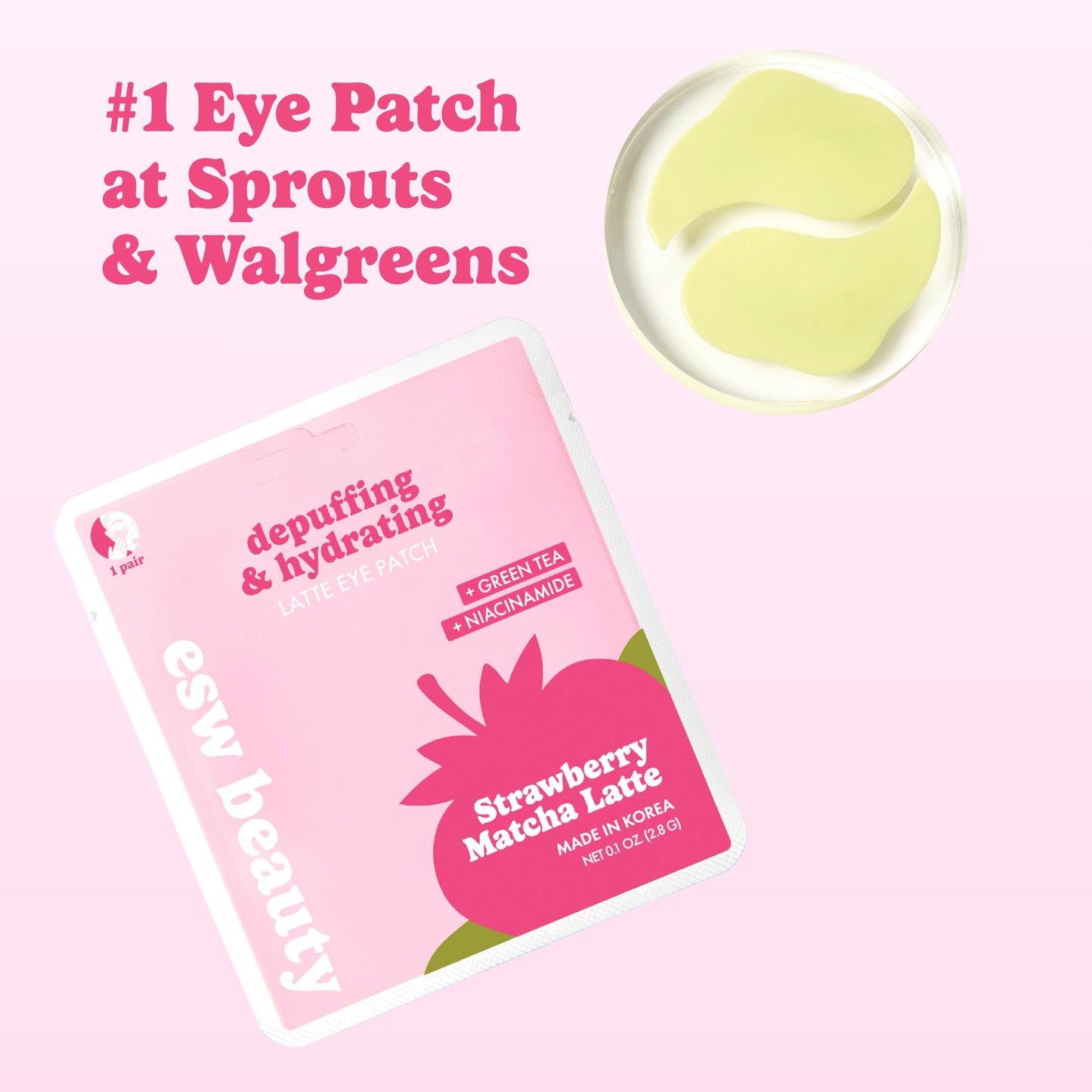 ESW Beauty Strawberry Matcha Latte Under Eye Patches – Depuffing & Hydrating – Vegan Hydrogel with Green Tea for Refreshing, Nourished Under Eyes