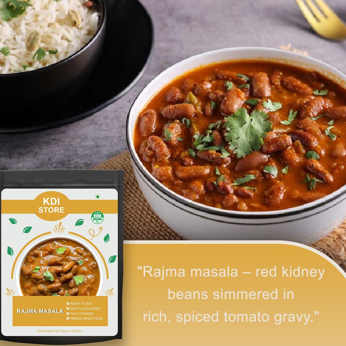 KDI Store Rajma Masala, Ready to Eat Indian Red Kidney Beans Curry, USDA Organic, Fully Cooked, Freeze Dried, 55g