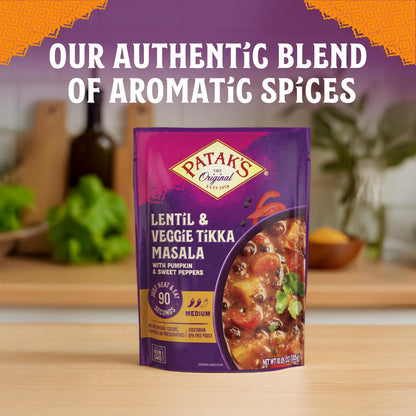 Patak’s Lentil & Veggie Tikka Masala - Vegetarian Indian Curry w/Lentils, Beans, Pumpkin, Sweet Potatoes & Vegetables - Ready-to-Eat Microwaveable Meal - Serve with Rice or Naan - 10.5oz (Pack of 3)