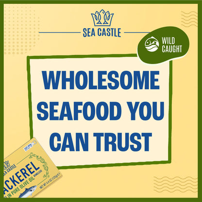 Sea Castle Mackerel in Olive Oil, 4.4oz (6 Pack) | Skinless & Boneless Canned Fish | Wild Caught Canned Mackerel Fillets | Packed with Vitamins | Non-GMO | Kosher